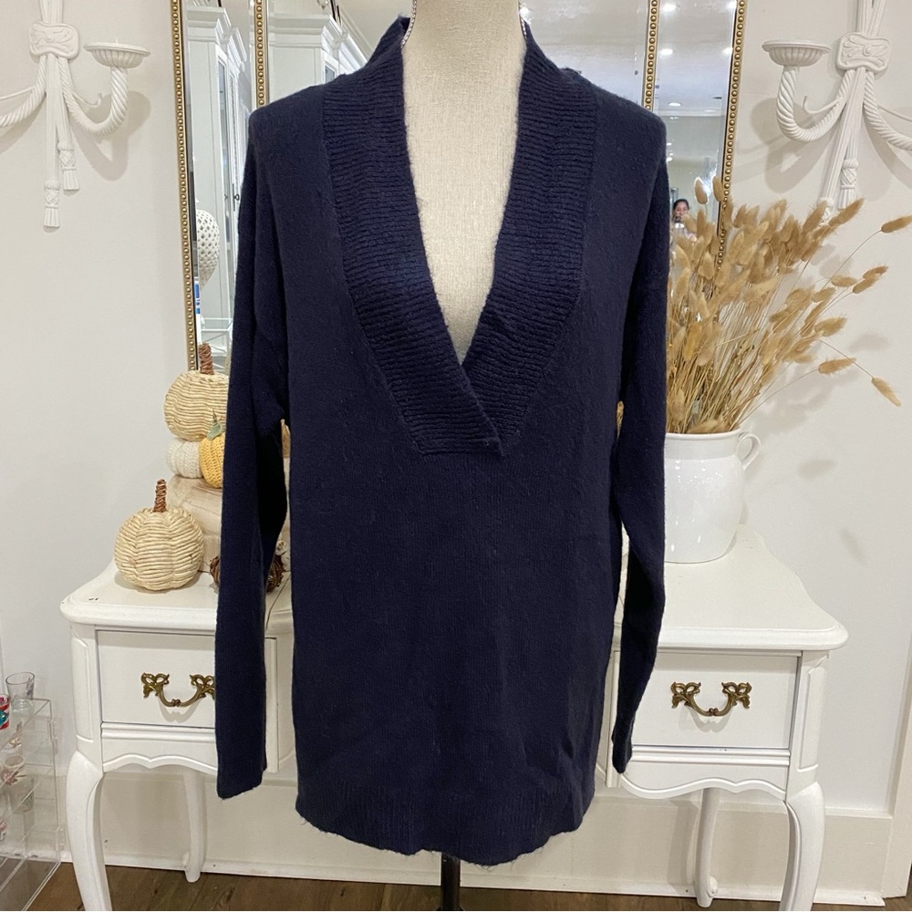 RDI Plunge V-Neck Dark Blue Long Sweater Tunic Sexy Oversized Sz Med Cozy Fall
